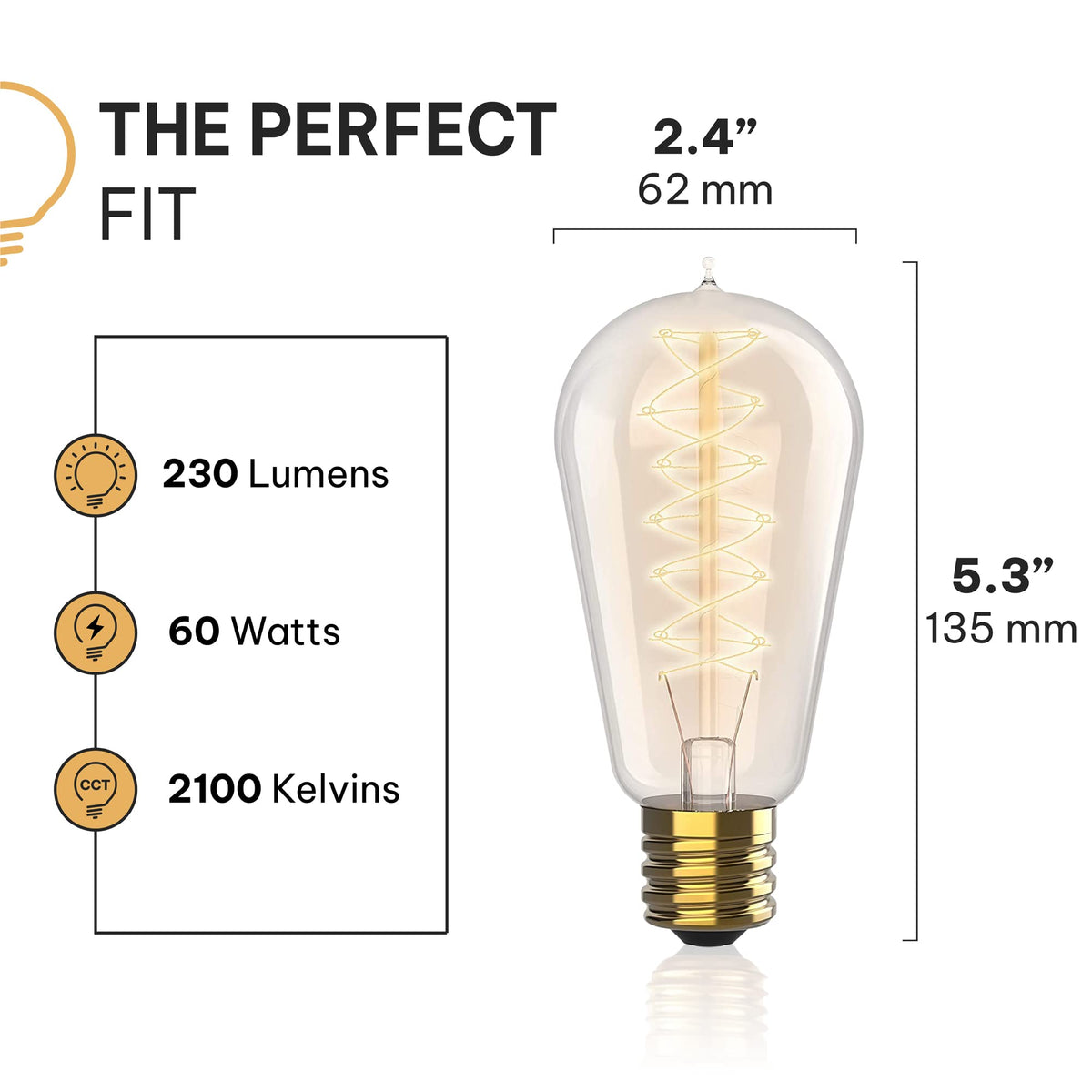 HUDSON BULB CO. Vintage Edison 60W Bulbs (4 Pack) – 2100K Dimmable Warm Light, E26/E27