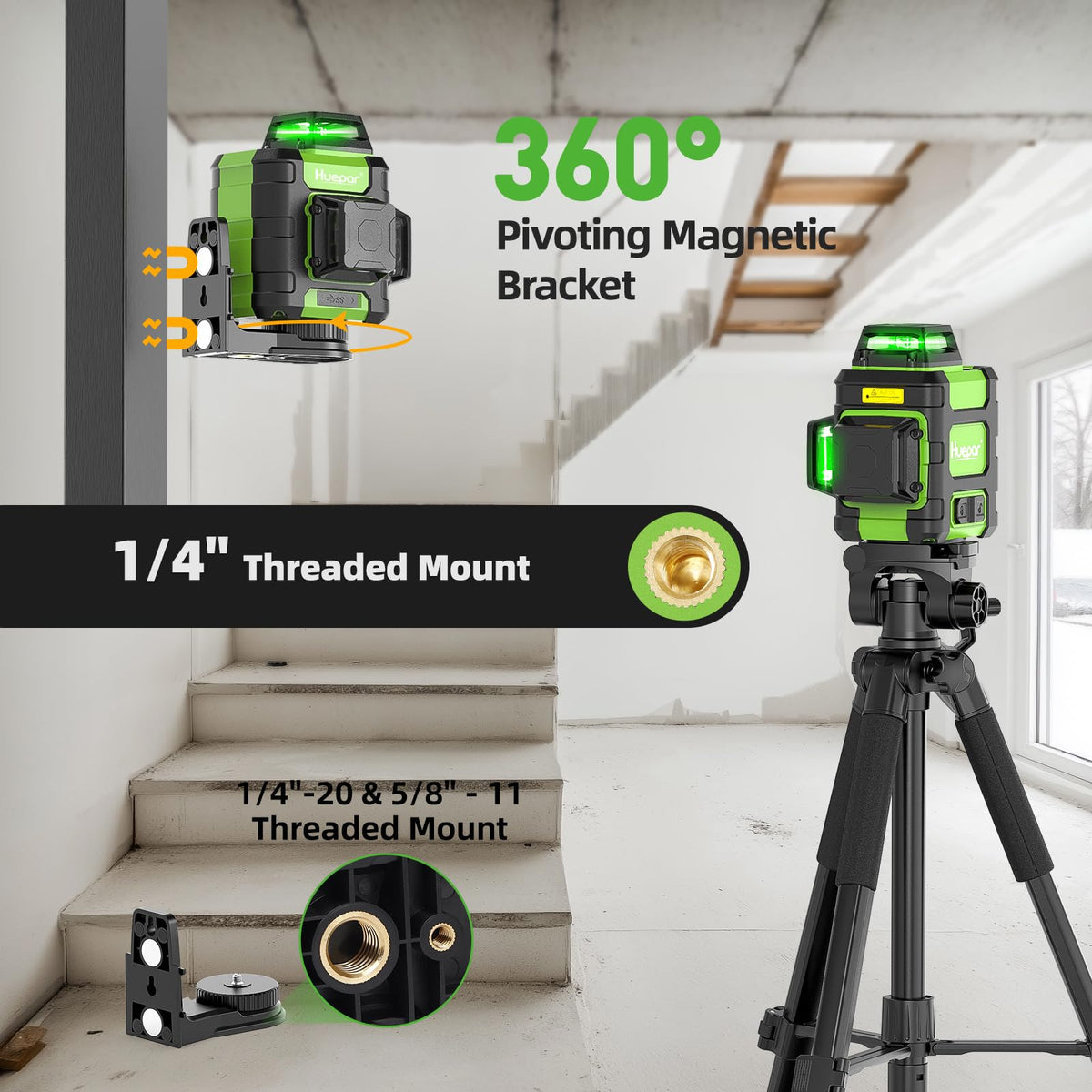 Huepar HM03CG 360° Self-Leveling Green Laser Level — 3x360° Lines, Rechargeable, Magnetic Bracket, Case