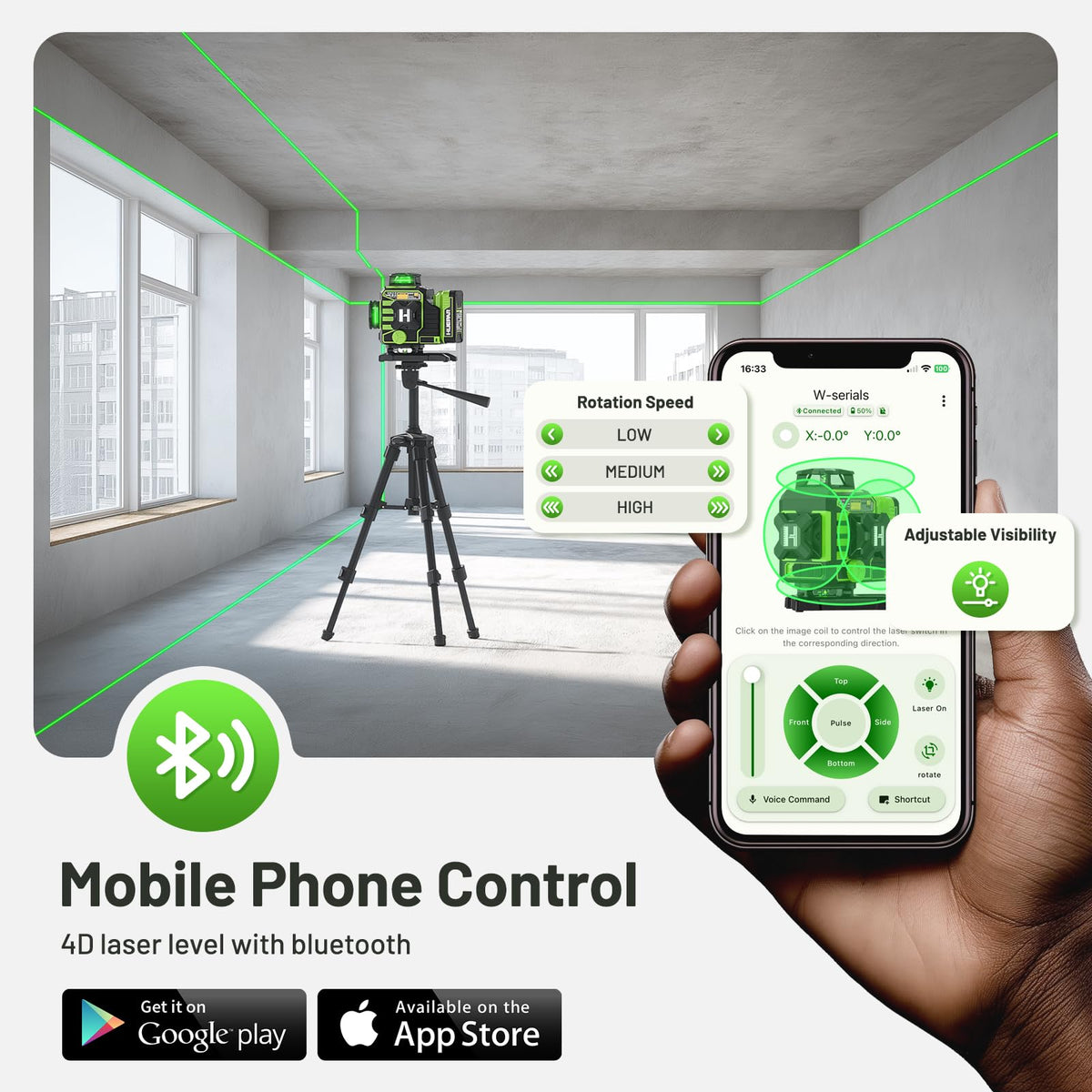 Huepar W04CG 360° Self-Leveling Laser Level with Bluetooth, 4x360° Green Lines, LCD Screen