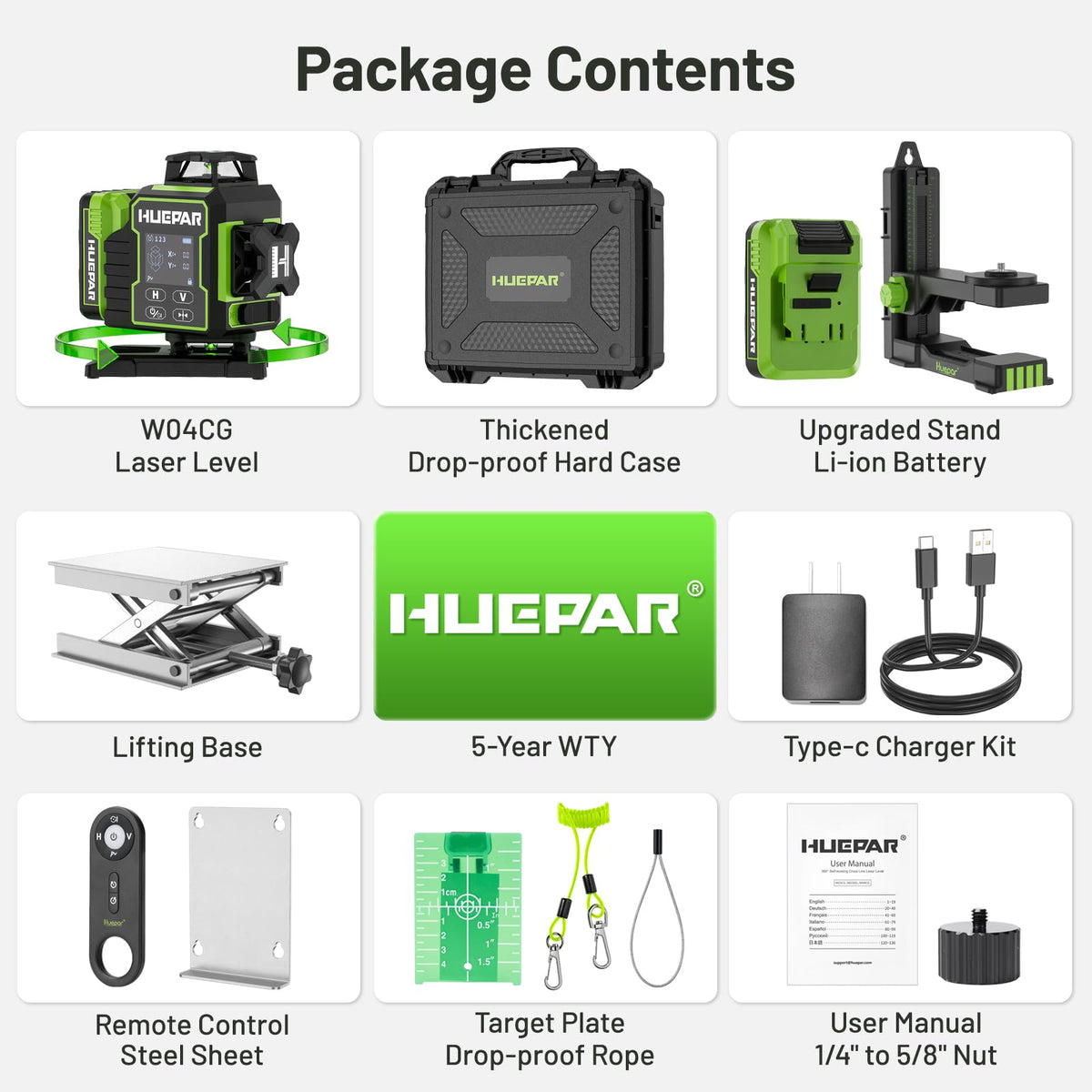 Huepar W04CG 360° Self-Leveling Laser Level with Bluetooth, 4x360° Green Lines, LCD Screen