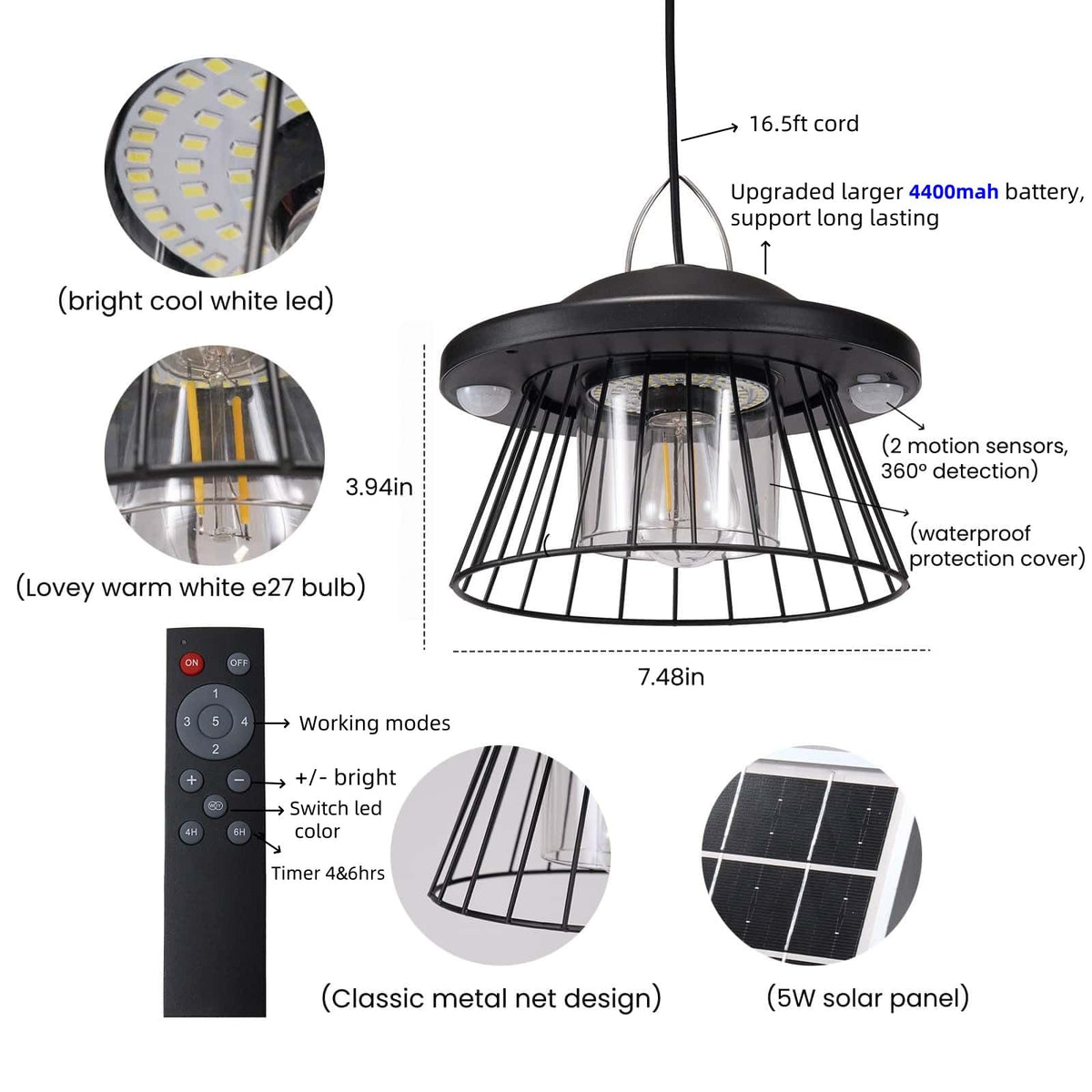 HULPPRE 3000lm Solar Light Indoor-Outdoor E27 Bulb 5 Modes Cool or Warm White