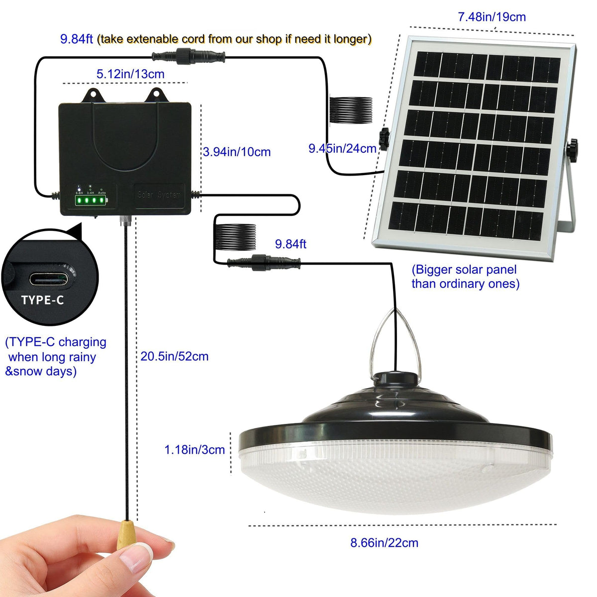 HULPPRE 3000lm Solar Shed Light — Pull String, IP65, 169 LEDs