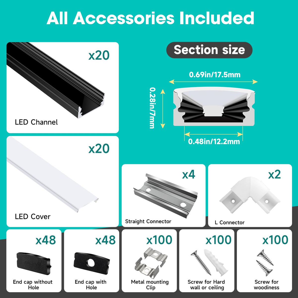 Hunhun 20-Pack 6.6ft Black LED Aluminum Channel System with Milky Diffuser Cover