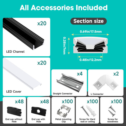 Hunhun 20-Pack 6.6ft Black LED Aluminum Channel System with Milky Diffuser Cover