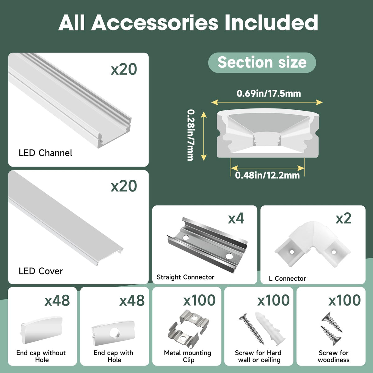 Hunhun 20-Pack U-Shape LED Channel with Milky Cover – 6.6ft/2m