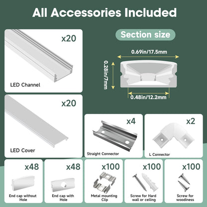 Hunhun 20-Pack U-Shape LED Channel with Milky Cover – 6.6ft/2m