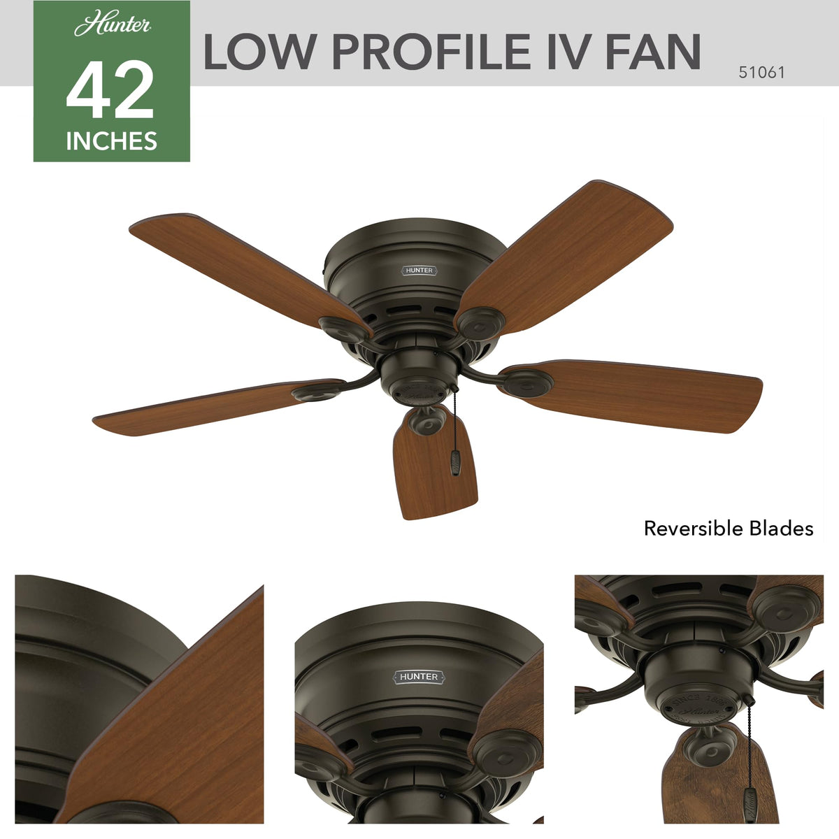 Hunter 44-Inch Bronze Indoor Ceiling Fan — Low Profile Flush Mount, 5 Blades, Pull Chain