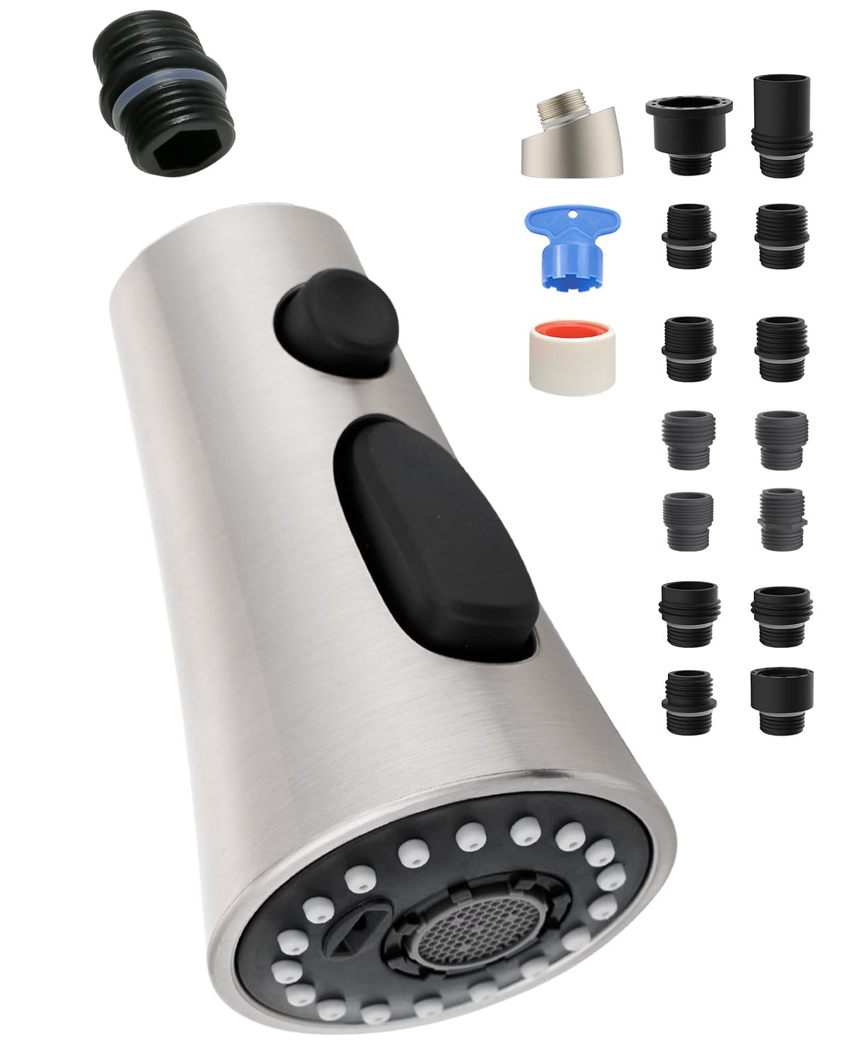 Hygie Rinse Kitchen Faucet Head Replacement with 15 Adapter Kit – 3-Function Pull-Down Sprayer, Brushed Nickel, Kohler/Moen/Delta Compatible