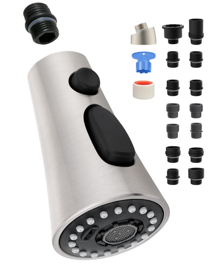Hygie Rinse Kitchen Faucet Head Replacement with 15 Adapter Kit – 3-Function Pull-Down Sprayer, Brushed Nickel, Kohler/Moen/Delta Compatible