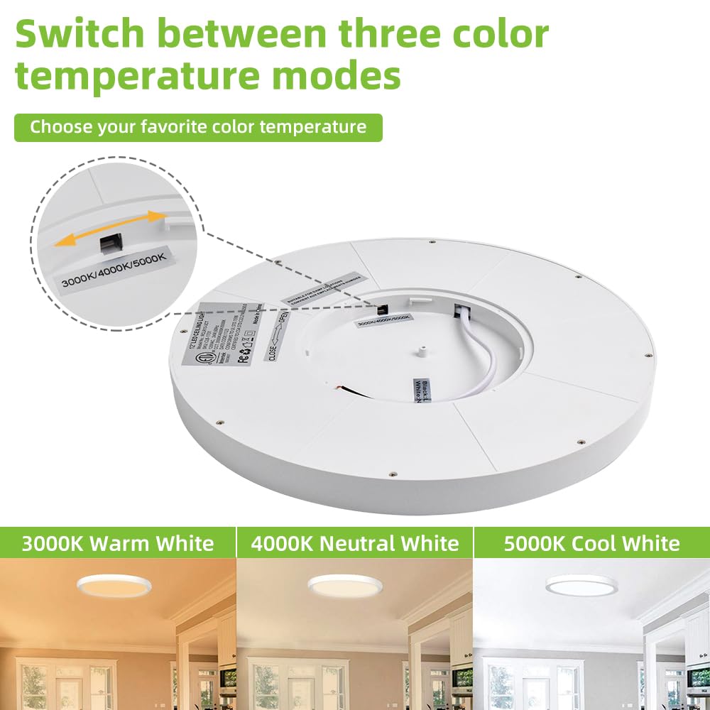 Hykolity 12-Inch Selectable CCT LED Round Flat Panel Light — 24W, 3000K/4000K/5000K, Edge-Lit, Damp Location