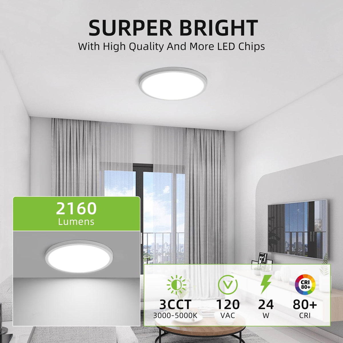 Hykolity 12-Inch Selectable CCT LED Round Flat Panel Light — 24W, 3000K/4000K/5000K, Edge-Lit, Damp Location