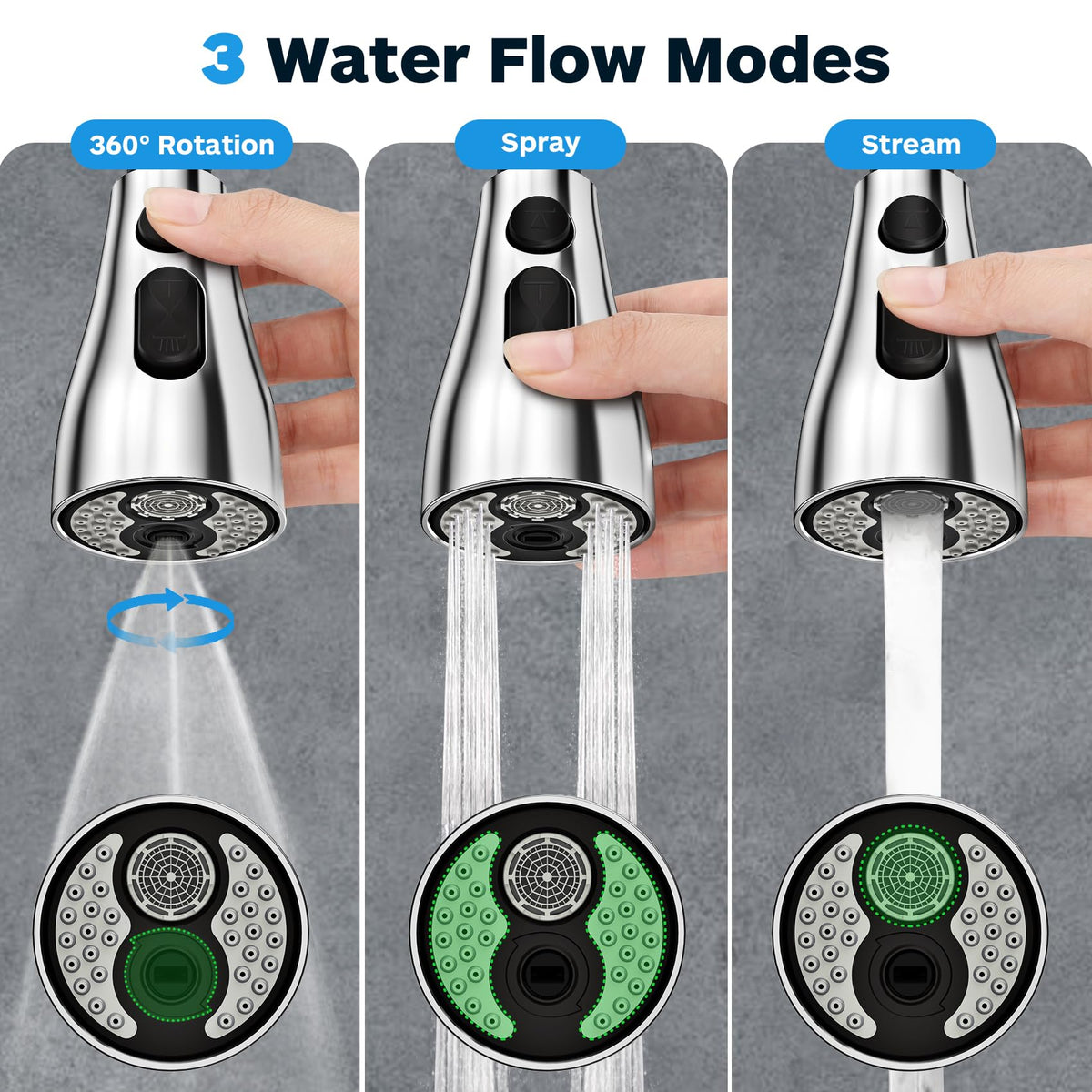 Ifaucet Kitchen Faucet Head Replacement — 3 Modes, 12 Adapters, Chrome Sprayer Head