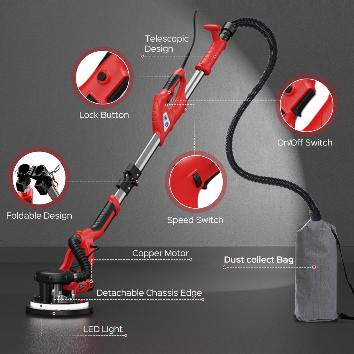 IMQUALI Drywall Sander 8-Amp, 7-Speed, Vacuum Dust Collector, LED Light