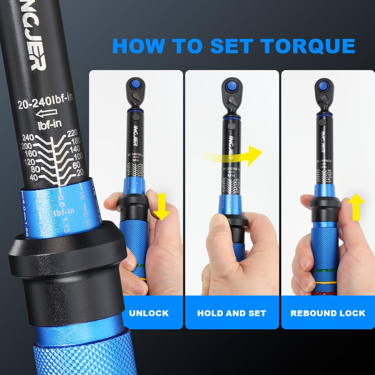 INGJER Torque Wrench – 1/4 drive Click, 20–240 in-lb, Dual-Direction, 72-Tooth