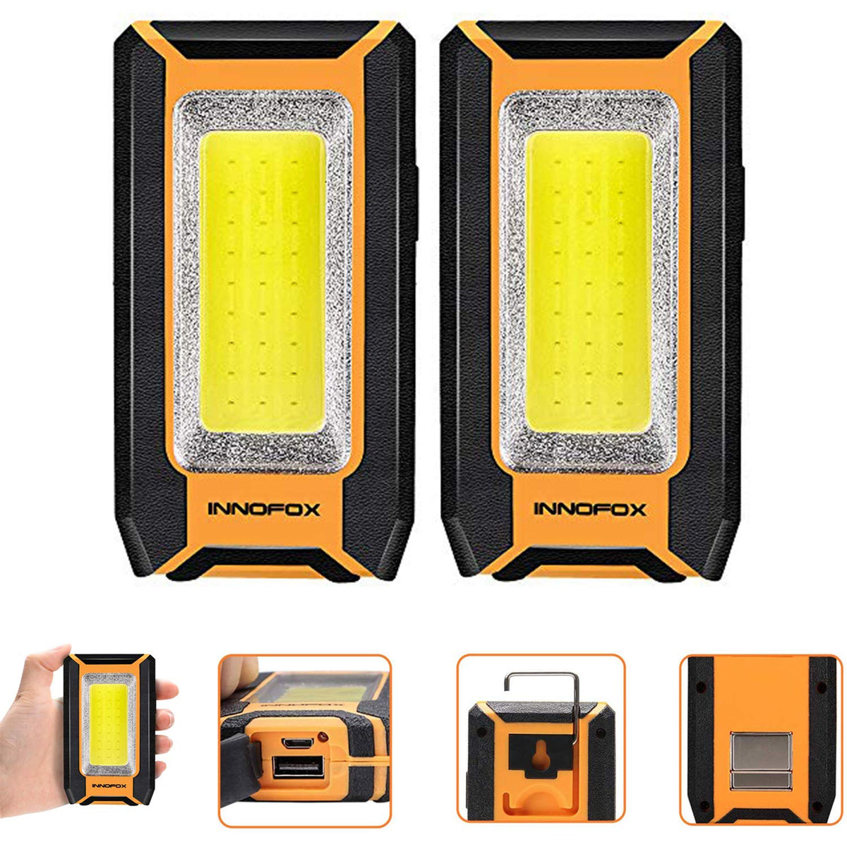 innofox 2-Pack LED Rechargeable Magnetic Work Light – 1500LM, 3 Modes, USB Power Bank