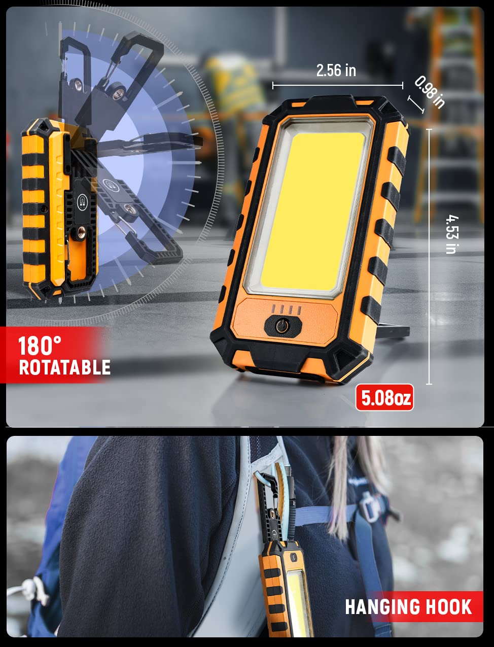 innofox LED Rechargeable Magnetic Work Light - 1500 Lumens, 4 Modes, USB Output, Hook & Magnet - Orange