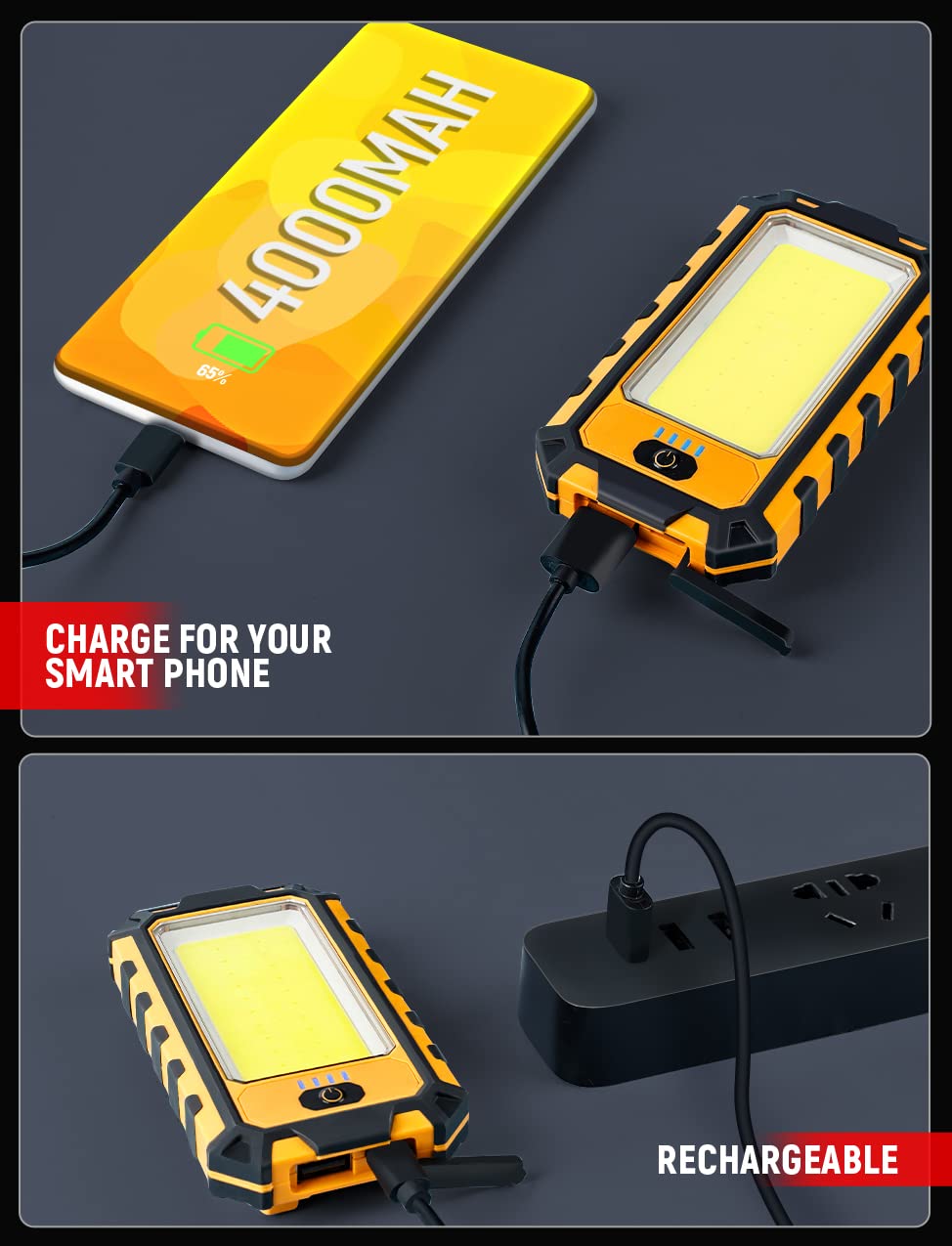 innofox LED Rechargeable Magnetic Work Light - 1500 Lumens, 4 Modes, USB Output, Hook & Magnet - Orange