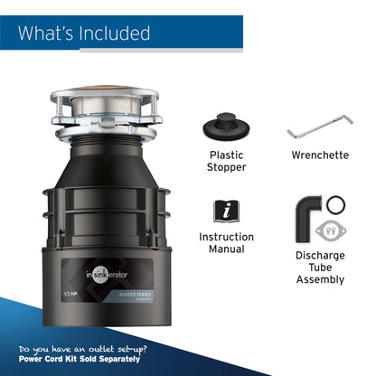InSinkErator Badger 1/3 HP Garbage Disposal – Continuous Feed, Lift & Latch, Black with Waterborne Grey Enamel