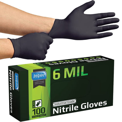 Inspire Heavy-Duty 6Mil Black Nitrile Gloves – Durable, Powder-Free, Touchscreen Ready