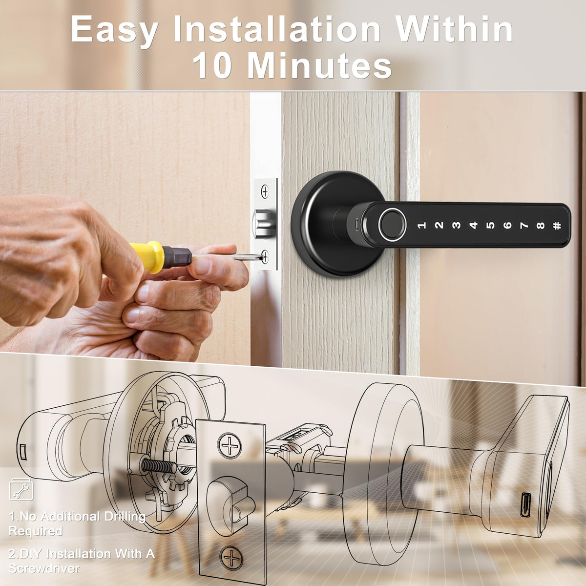 IRONZON 191F 3-in-1 Fingerprint Door Handle with Keypad – Black
