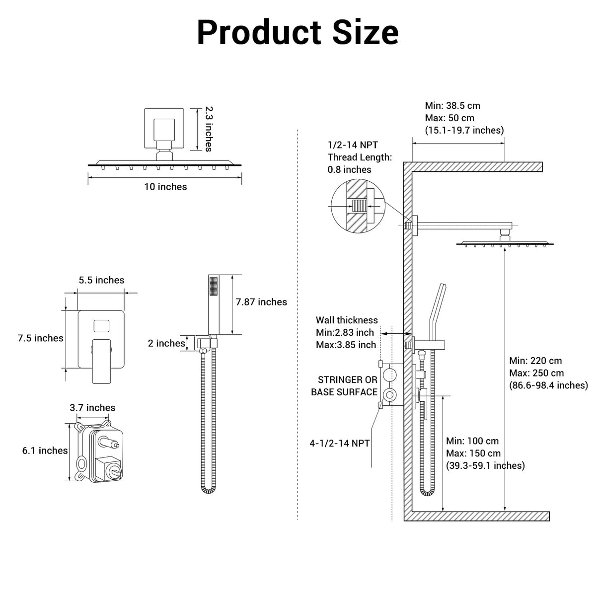 IUERASD Shower Faucet Set – 10-Inch Square Rainfall Head, Handheld, Brushed Nickel