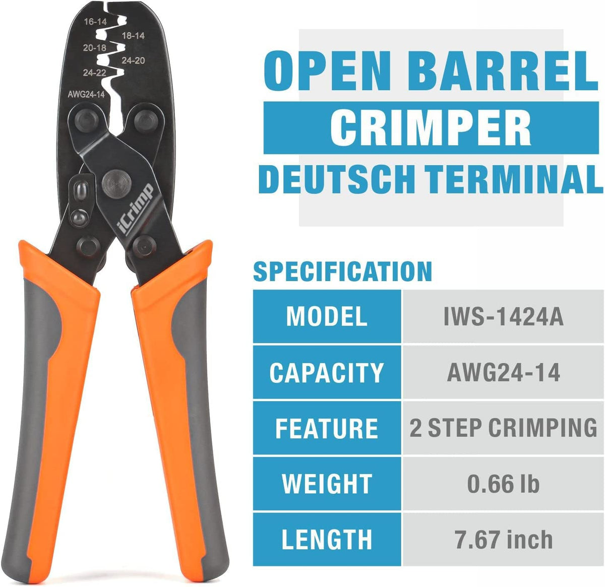 IWISS iCrimp Open Barrel Terminal Crimping Tool – 24-14 AWG for Molex, AMP, Deutsch, Delphi