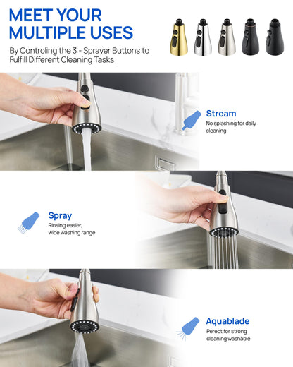 J-HVA Pull Down Kitchen Sprayer Head – 3 Functions, 15 Adapters, Brushed Nickel