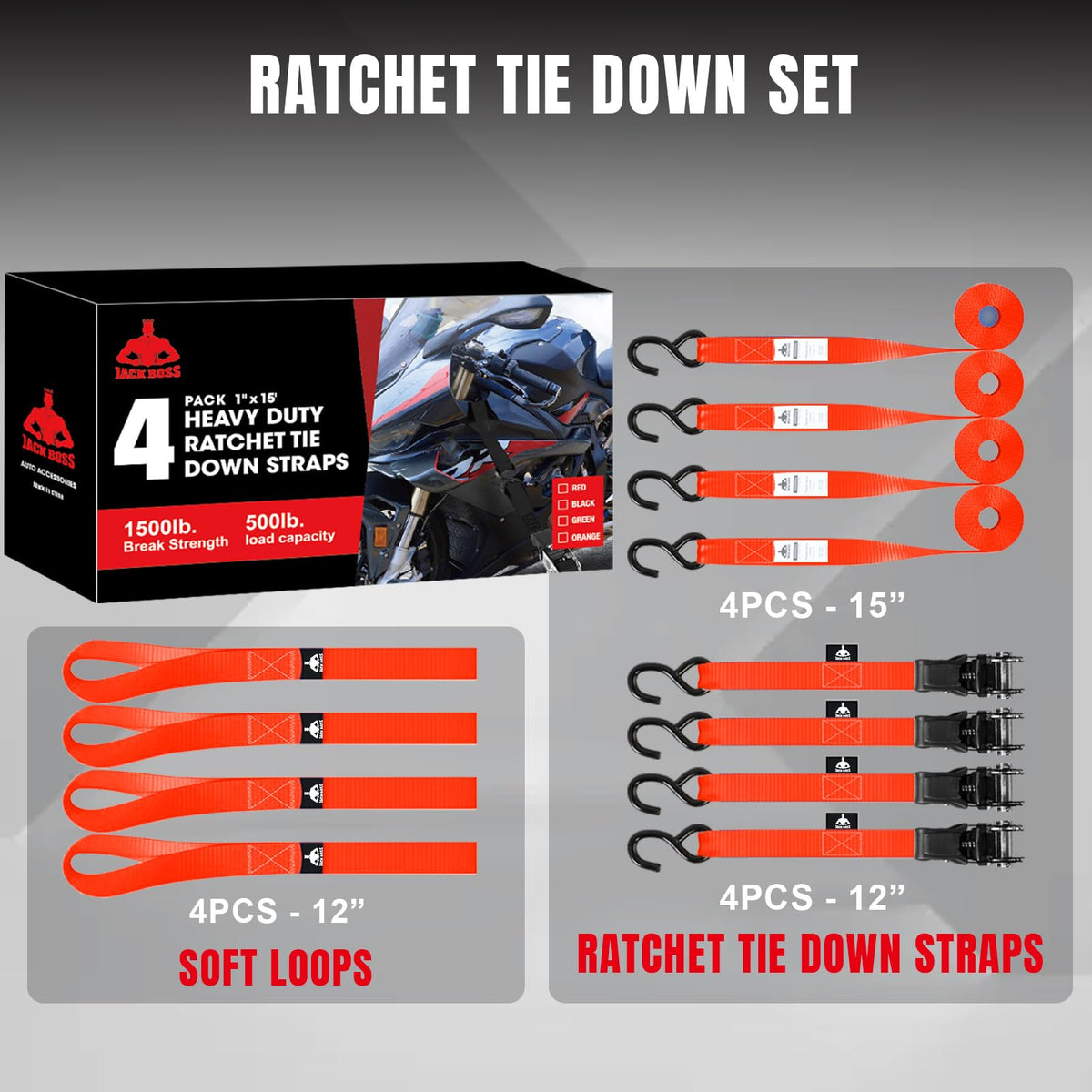 Jack Boss Ratchet Tie Down Straps Set – 1500 lbs, 1x15', 4 Soft Loops, Coated S Hooks