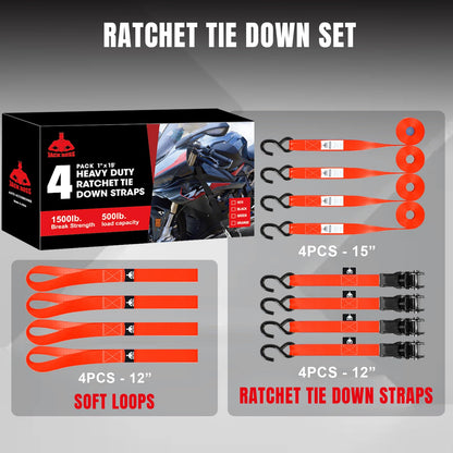 Jack Boss Ratchet Tie Down Straps Set – 1500 lbs, 1x15', 4 Soft Loops, Coated S Hooks