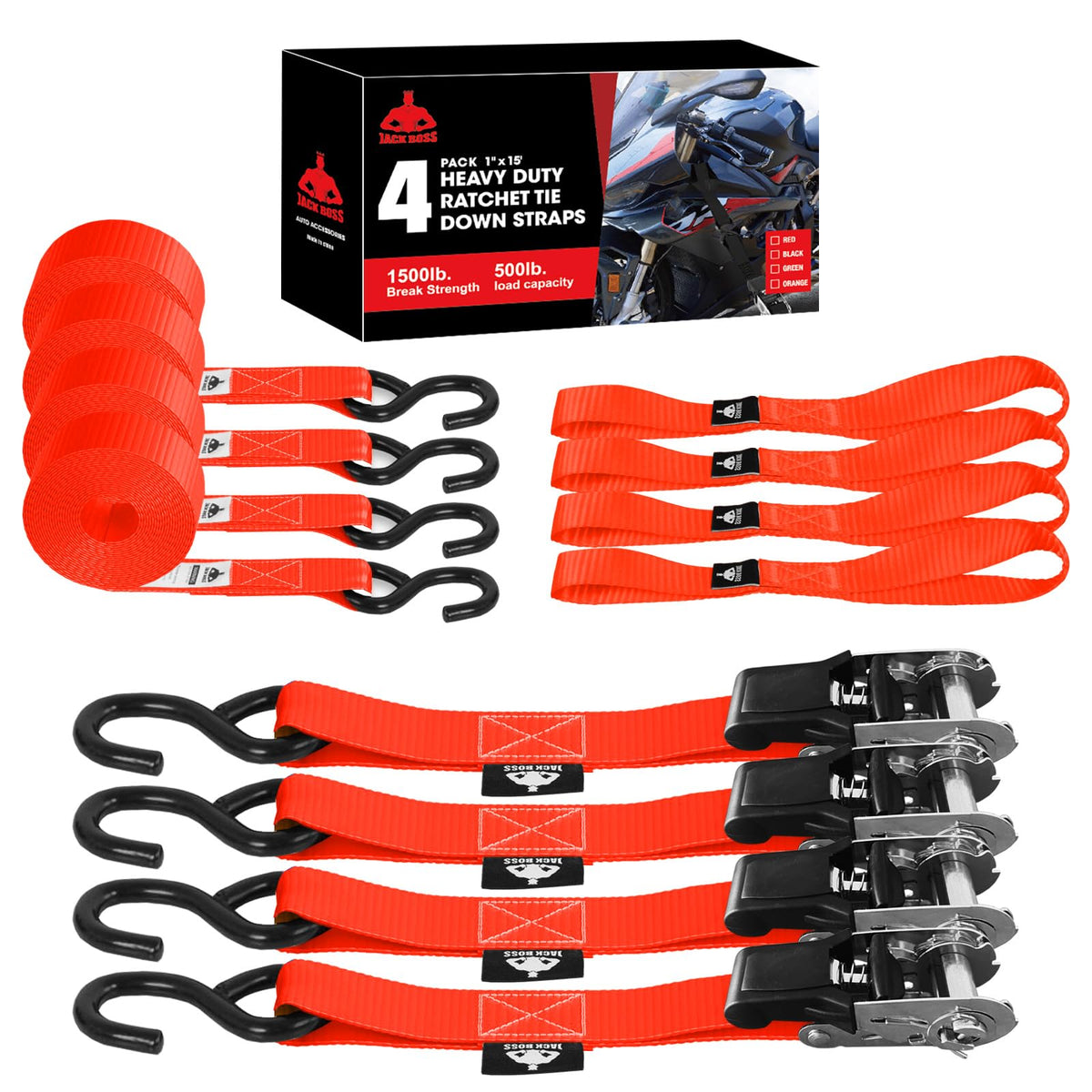 Jack Boss Ratchet Tie Down Straps Set – 1500 lbs, 1x15', 4 Soft Loops, Coated S Hooks