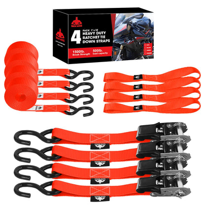 Jack Boss Ratchet Tie Down Straps Set – 1500 lbs, 1x15', 4 Soft Loops, Coated S Hooks