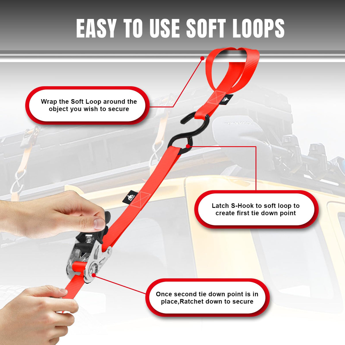 Jack Boss Ratchet Tie Down Straps Set – 1500 lbs, 1x15', 4 Soft Loops, Coated S Hooks