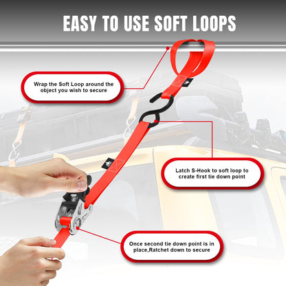 Jack Boss Ratchet Tie Down Straps Set – 1500 lbs, 1x15', 4 Soft Loops, Coated S Hooks