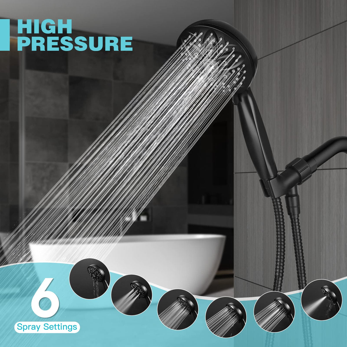 JDO Shower Head with Handheld, High Pressure 6 Settings, Matte Black