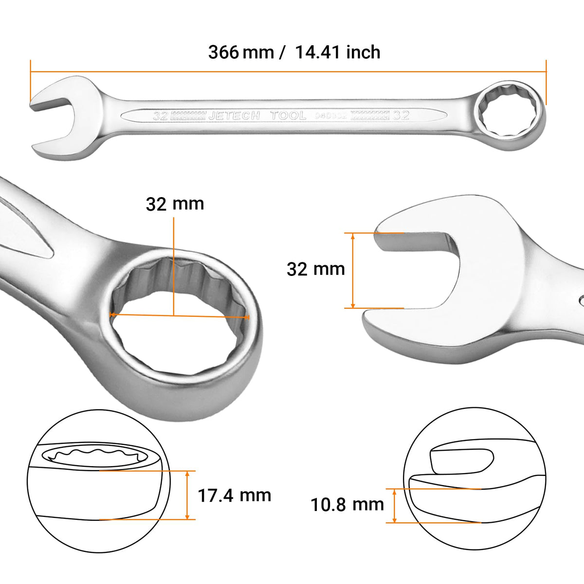 Jetech 32mm Combination Wrench – Industrial Grade Cr-V, 12-Point Box End, Off-Corners, 15-Degree Offset