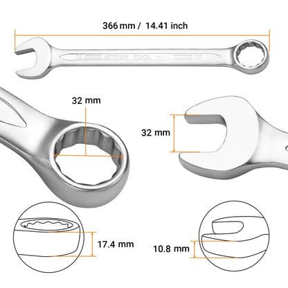 Jetech 32mm Combination Wrench – Industrial Grade Cr-V, 12-Point Box End, Off-Corners, 15-Degree Offset