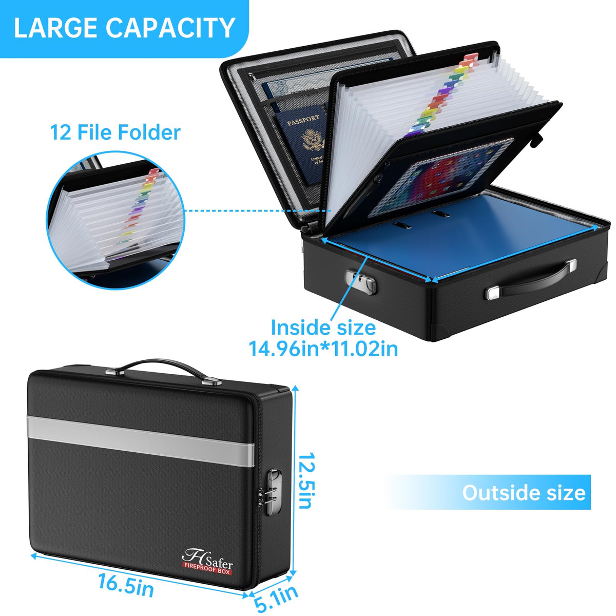 JHSafer Fireproof Document Box with Lock – Hard Shell, Waterproof Safe for Home and Office