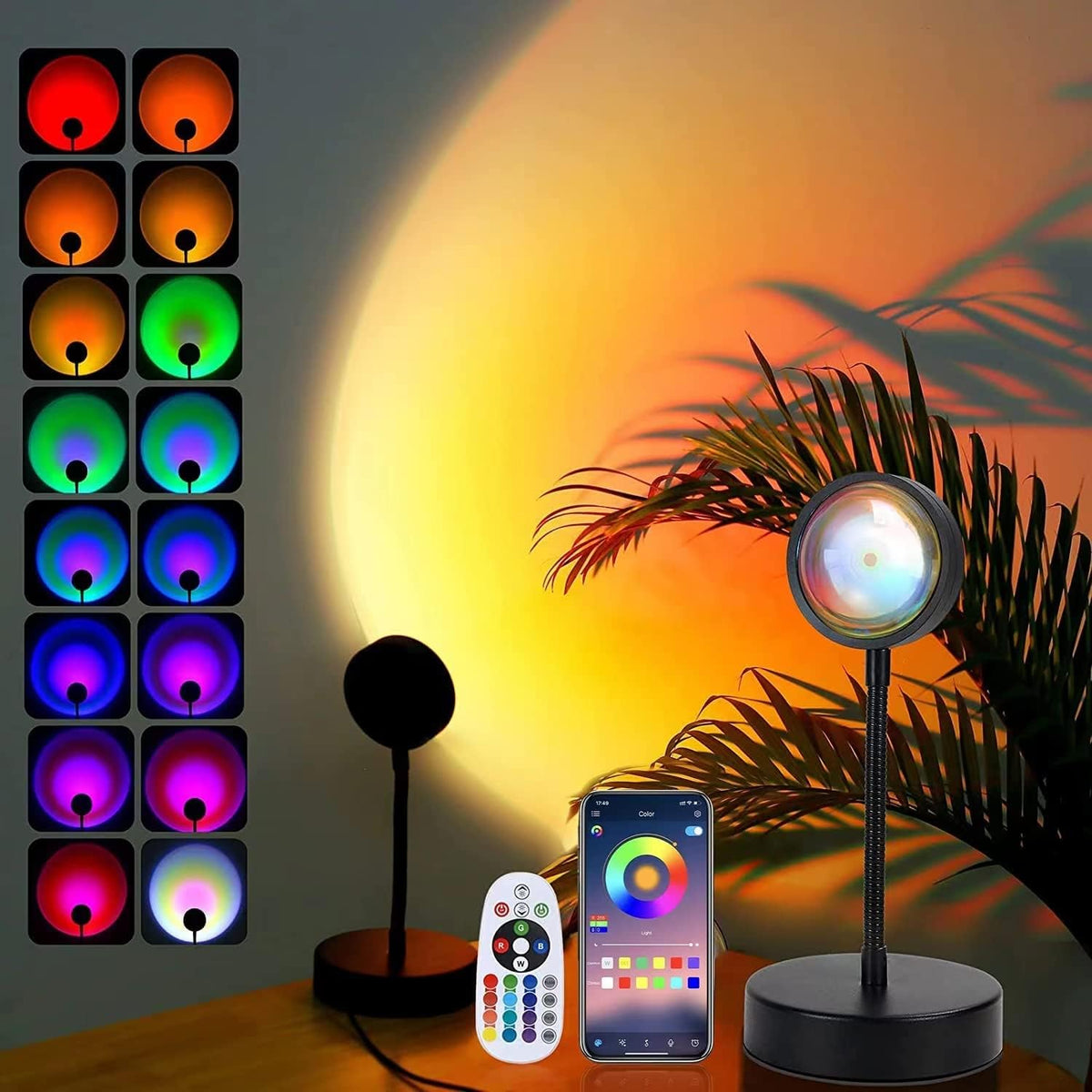 JIMEI Sunset Lamp Projector - RGB Mood Lighting with App & Remote, 360° Rotation