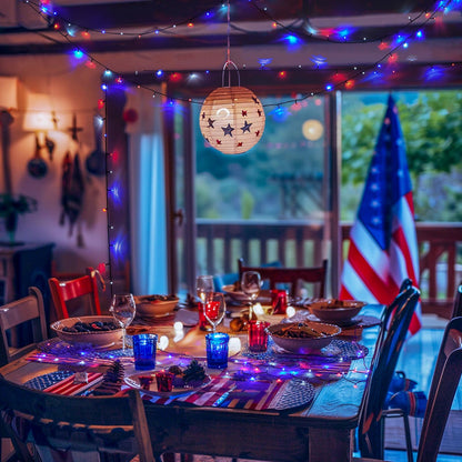 JMEXSUSS 200 LED Red White Blue Outdoor Lights — 66ft, 8 Modes, Waterproof, Expandable