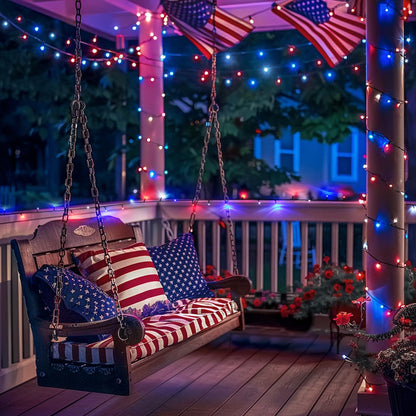 JMEXSUSS 200 LED Red White Blue Outdoor Lights — 66ft, 8 Modes, Waterproof, Expandable