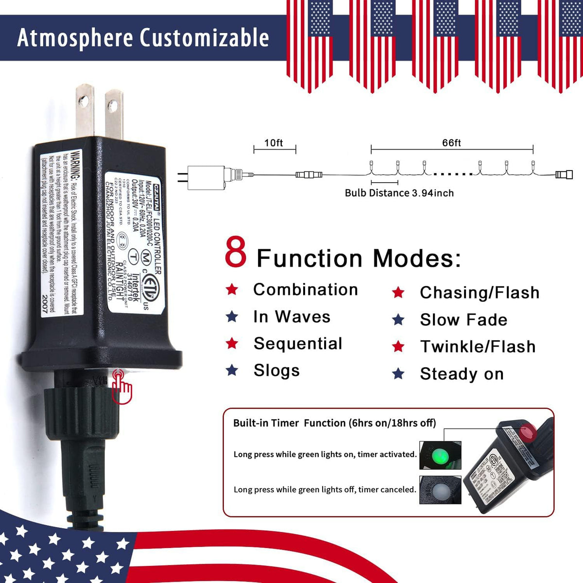 JMEXSUSS 200 LED Red White Blue Outdoor Lights — 66ft, 8 Modes, Waterproof, Expandable