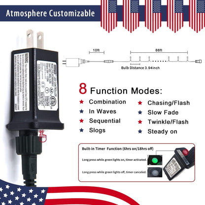 JMEXSUSS 200 LED Red White Blue Outdoor Lights — 66ft, 8 Modes, Waterproof, Expandable