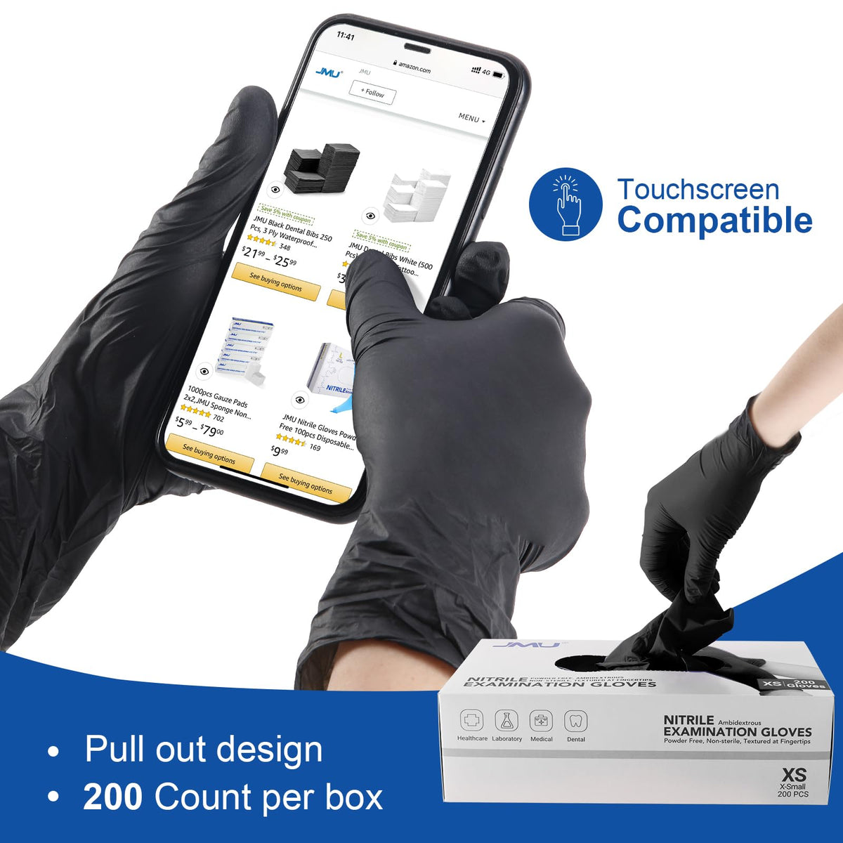 JMU Black Nitrile Gloves – Medium Bulk, Case of 1200, 3.5 Mil, Latex Free & Powder Free