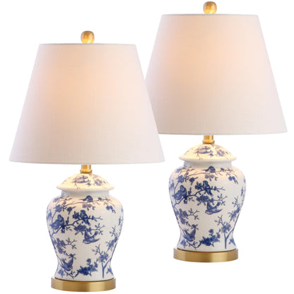 JONATHAN Y 22-inch Blue/White Ceramic Table Lamp Set – Ginger Jar LED Bedside Lamps (JYL3005A-SET2)