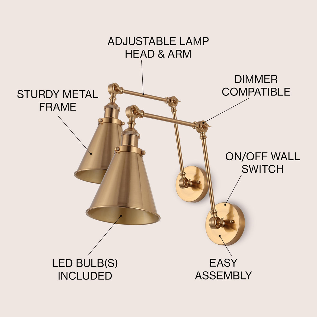 JONATHAN Y 7-Inch Brass Gold Adjustable Arm LED Wall Sconce Set (JYL7461A-SET2)