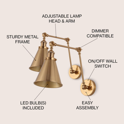JONATHAN Y 7-Inch Brass Gold Adjustable Arm LED Wall Sconce Set (JYL7461A-SET2)