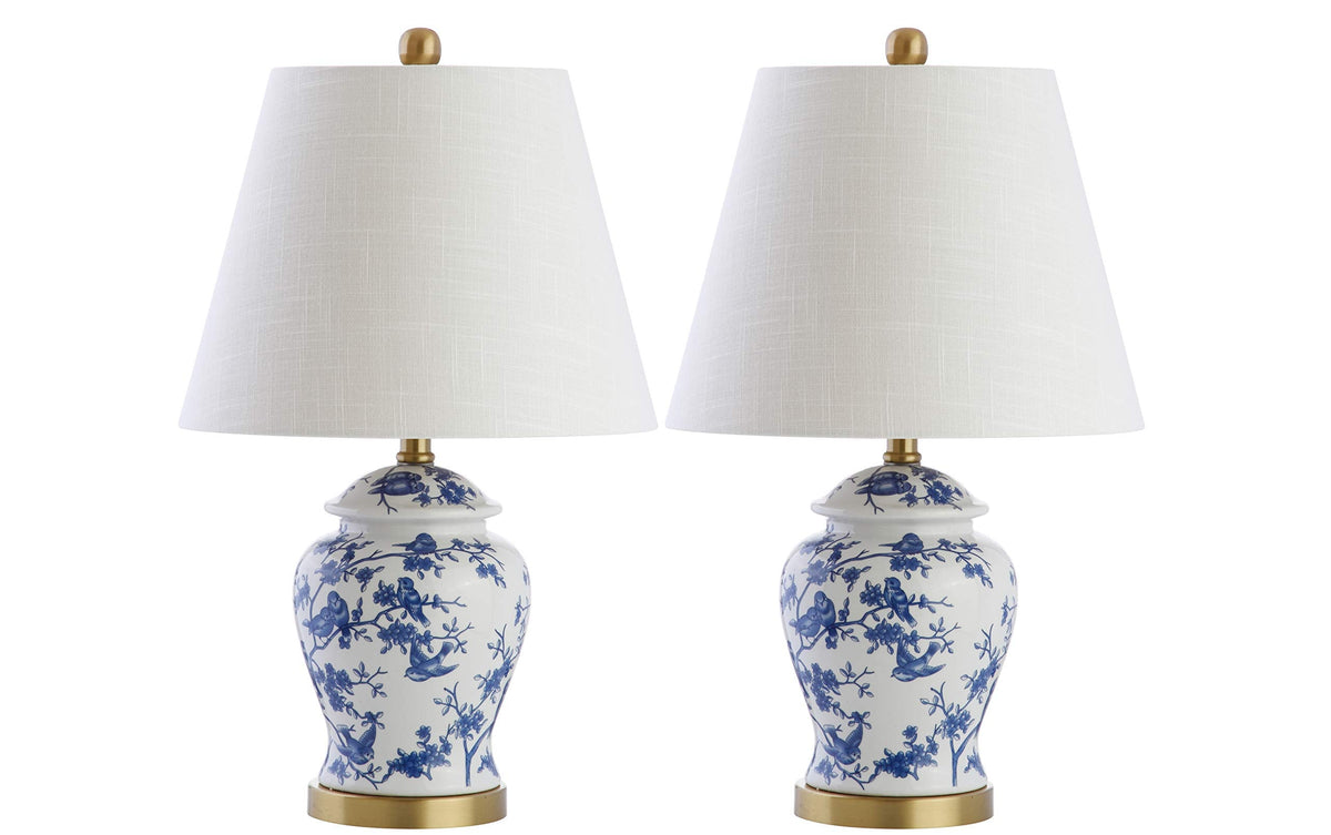 JONATHAN Y 22-inch Blue/White Ceramic Table Lamp Set – Ginger Jar LED Bedside Lamps (JYL3005A-SET2)