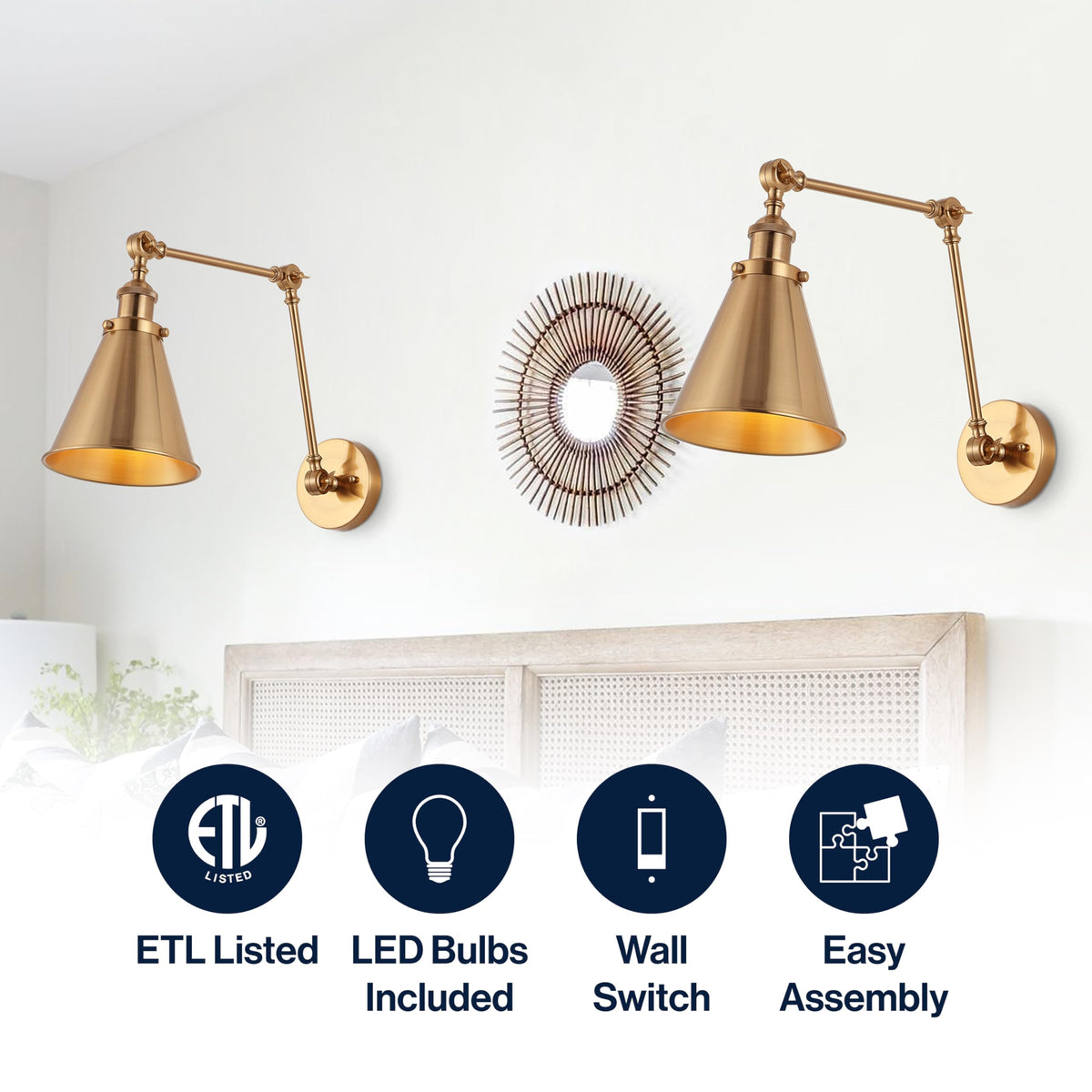 JONATHAN Y 7-Inch Brass Gold Adjustable Arm LED Wall Sconce Set (JYL7461A-SET2)