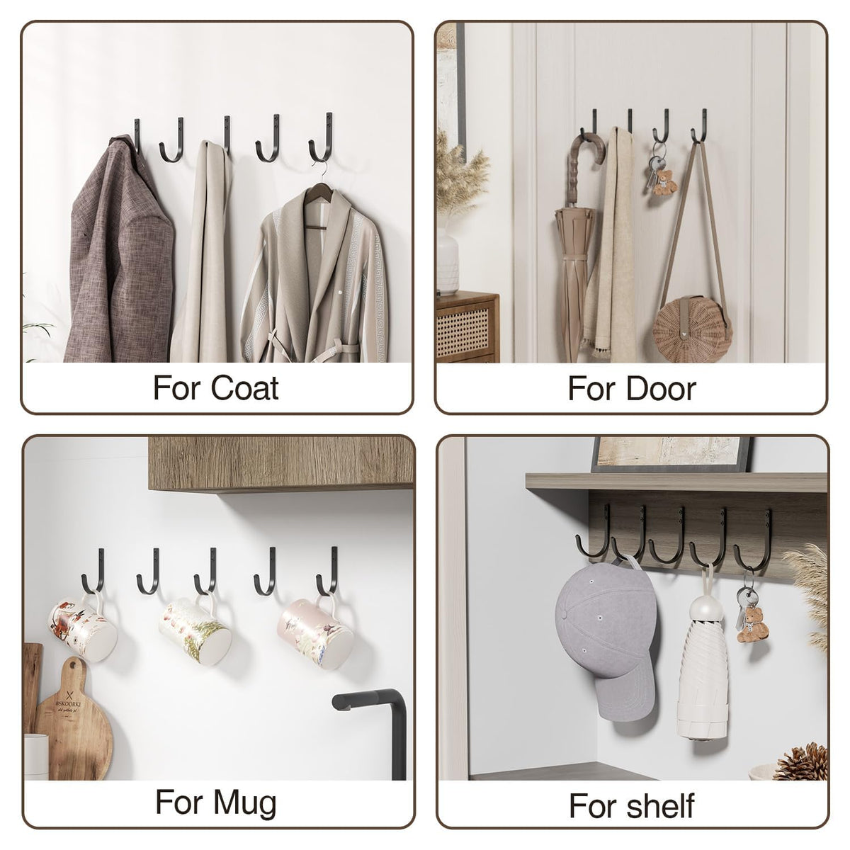 Josmimic 20-Pack Wall Hooks – Black Screw-In Metal Hangers, 22 lb Capacity