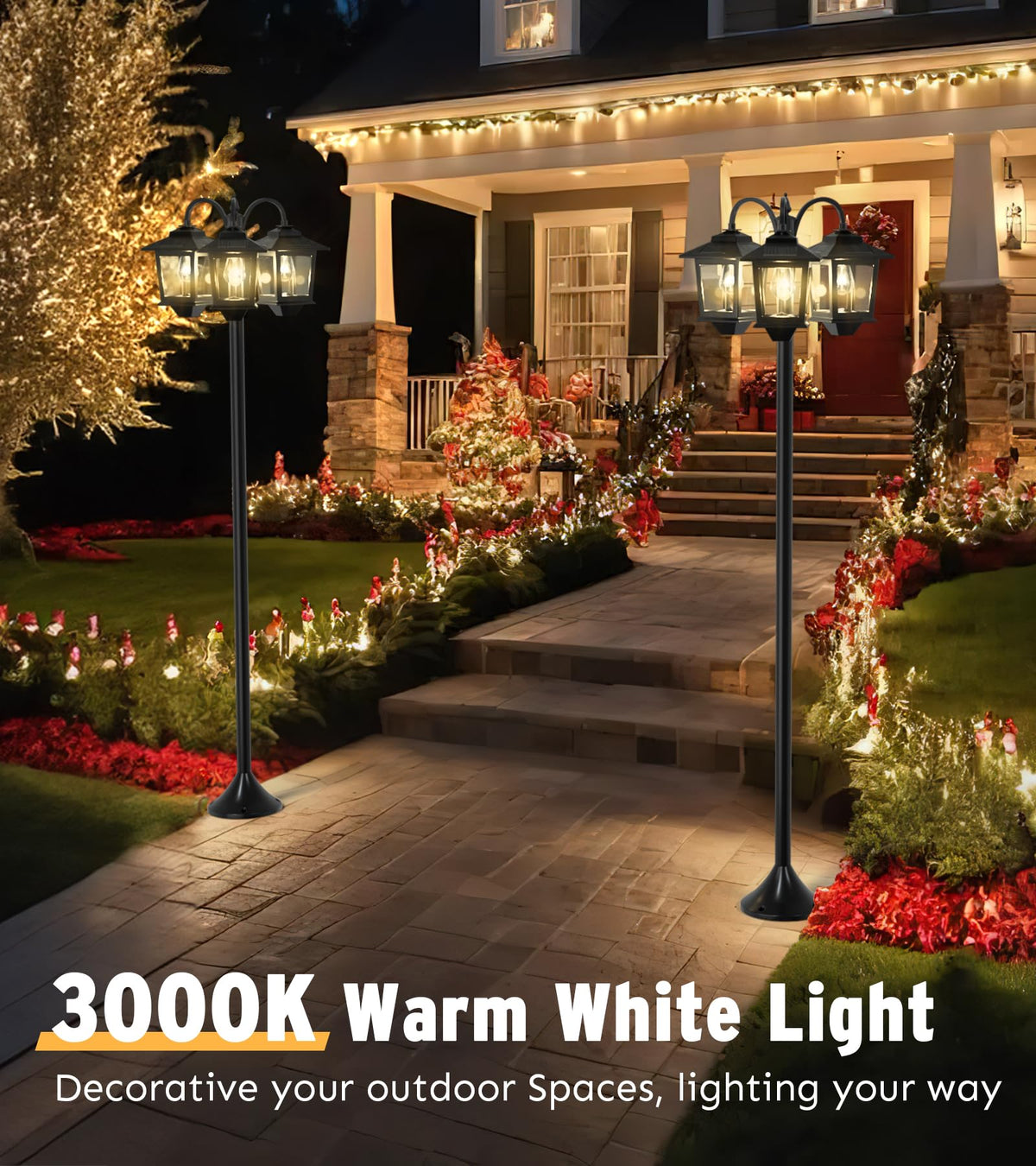 Joyoowild 73-Inch Aluminum Solar Lamp Post - 3-Head Outdoor Light